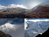 401 Annapurna French First North Base Camp Early Morning Panoramic  View - Nilgiri, Tilicho Peak, Grande Barriere, Annaourna Up at 6:15. I heard it lightly rain last night. This morning it's cloudy with low-lying mist. It slowly cleared to be a beautifully sunny morning. The panoramic view from the first French Annapurna North Base Camp was spectacular from Nilgiri to Tilicho Peak, the Grande Barriere, and, of course, dominating everything Annapurna! �Far above, so high that one had to tilt one�s head backwards to see it, was Annapurna, resplendent, dominating everything as a goddess should� (Maurice Herzog, Annapurna).